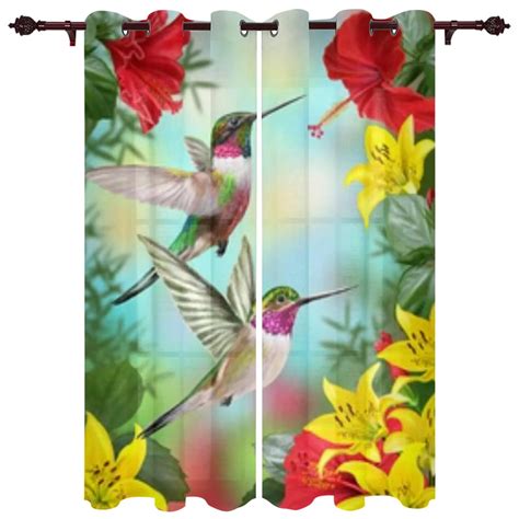 Hummingbirds On A Hibiscus And Yellow Lilies Window Curtains For Living Room Kitchen Modern