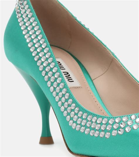 Crystal Embellished Satin Pumps In Blue Miu Miu Mytheresa