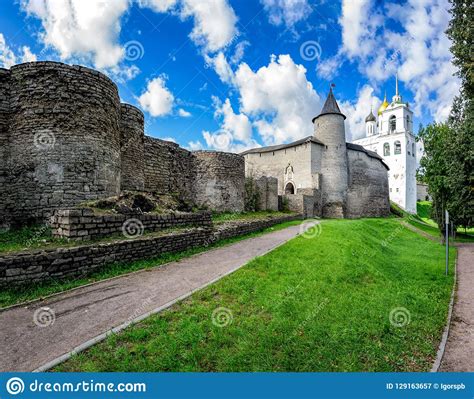 Pskov Kremlin Wall Wth Trinity Cathedral Belltower And The Great Stock