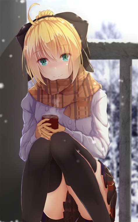 Wallpaper Blonde Anime Girls Short Hair Green Eyes Snow Winter