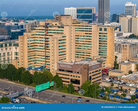aerial narrow angle closeup  grady memorial hospital  marcus
