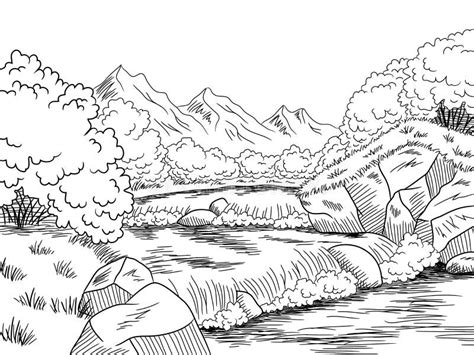 Graphique De La Rivière Des Montagnes Dessin De Paysage Noir Blanc