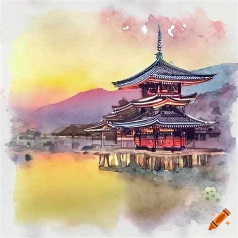 Watercolor Illustration Of A Maiko With Kyoto Scenery In The Background