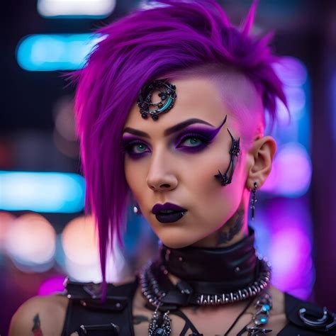 Premium Photo A Punk Style Girl With Modern Purple Hairstyle Look And Tattoos Wearing Leather