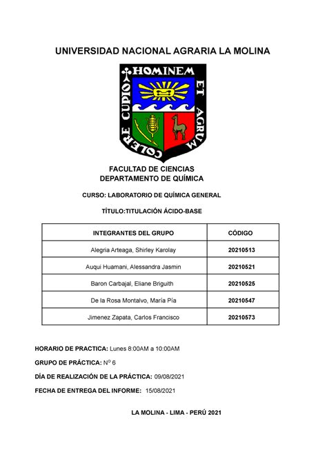 Informe de titulación acido base UNIVERSIDAD NACIONAL AGRARIA LA