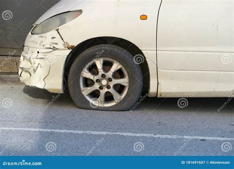 Flat Tire On A Car Damaged In A Traffic Accident Stock Image Image Of