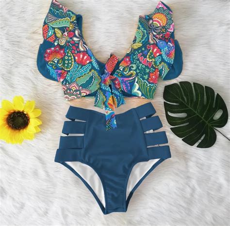 Print Swimwear Women High Waist Bikini Ruffle Swimsuit Push Up Bikinis Set Bathing Suit Beach