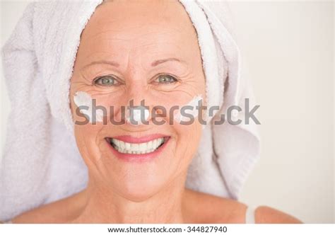 Portrait Friendly Attractive Mature Woman Towel Stock Photo