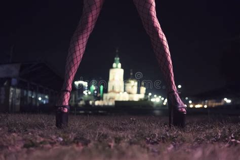 Lady Legs with Red High Heel Shoes in during Night Time Stock Image ...