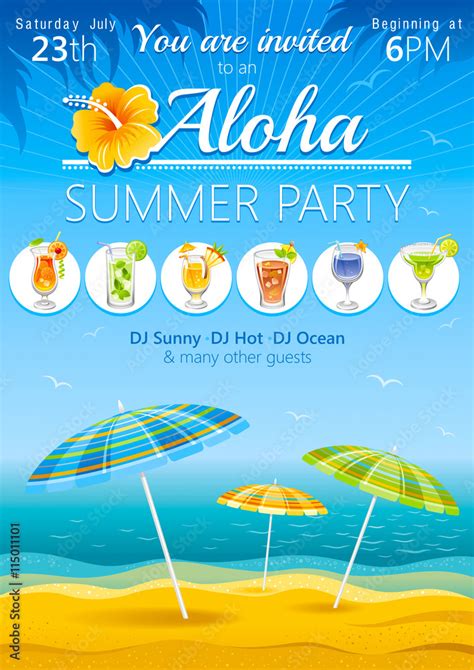 Aloha beach party background with umbrellas and tropical cocktails Stock Vector | Adobe Stock