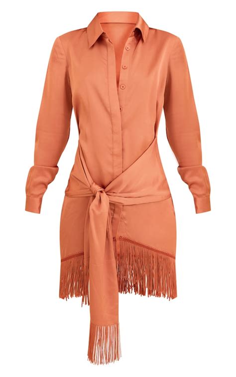 Rust Satin Drape Detail Tassel Hem Shirt Dress Dresses