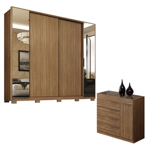 Cômoda Lume e Guarda Roupa Casal Laredo Amêndola Touch Nude Prime Flex Pés Demartez