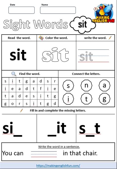 Free Printable Grade 2 Sight Word Worksheet Sit”making English Fun