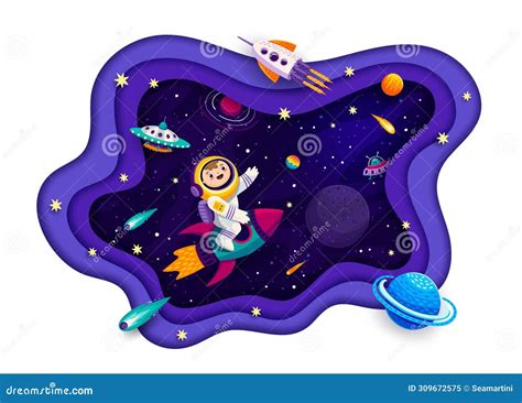 Galaxy Space Paper Cut Kid Astronaut On Rocket Stock Vector