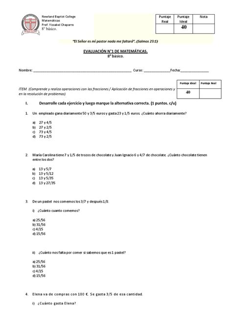 Primera Prueba Octavo Básico Fracción Matemáticas Números