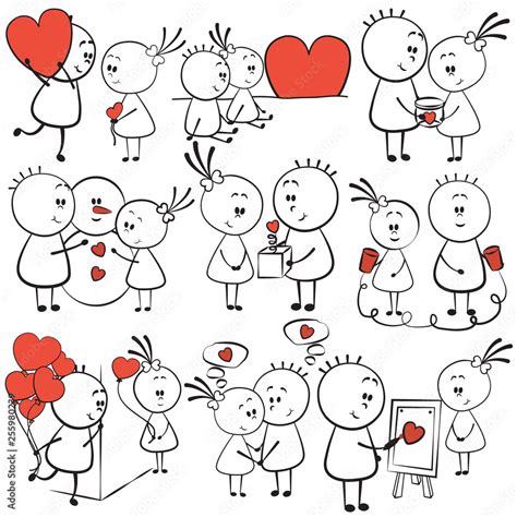 collection cartoon figure lovers in different poses with red heart ...