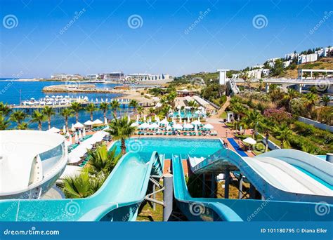 Aquapark with Slides and Swimming Pool on the Seashore Stock Image ...