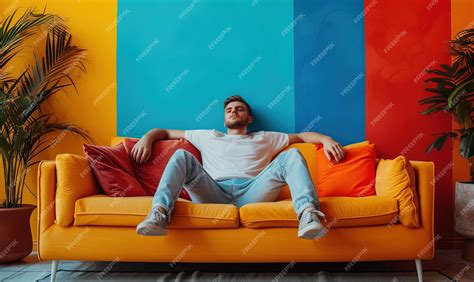 Premium Photo Free Photo Man Sitting On Sofa Colorful Wall In Background