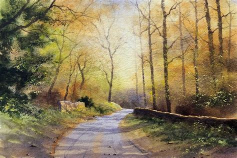 a painting of a country road in the woods