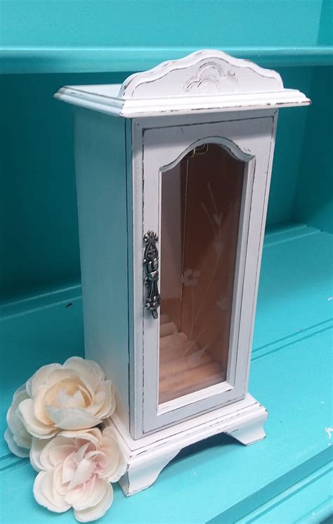 Shabby Chic Vintage Wooden Jewelry Armoire Painted Antique White And