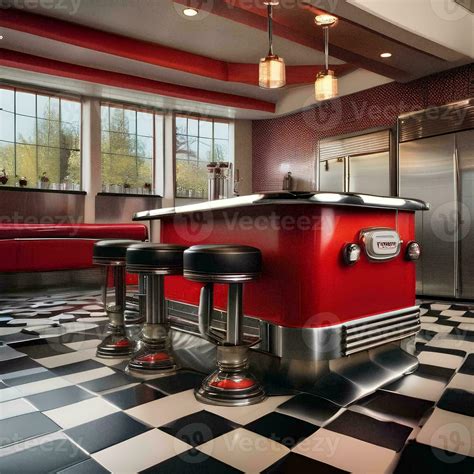 AI generated A retro diner-style kitchen with chrome appliances, checkered 35403384 Stock Photo ...