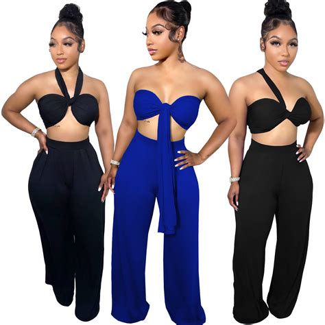 Sexy Halter Top Wide Leg Pants Two Piece Set