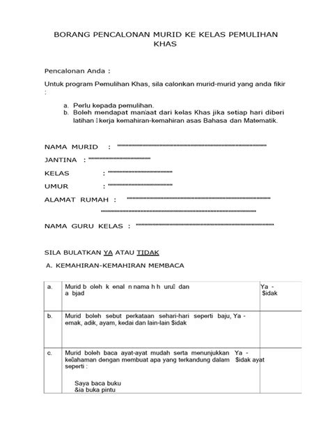 Borang Pencalonan Murid Ke Kelas Pemulihan Khas Pdf