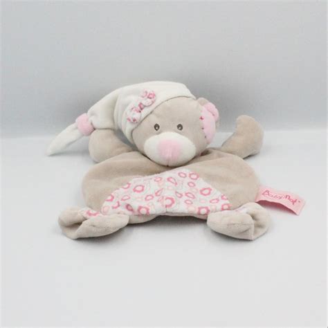 Doudou Plat Ours Gris Beige Rose Fleurs BABY NAT