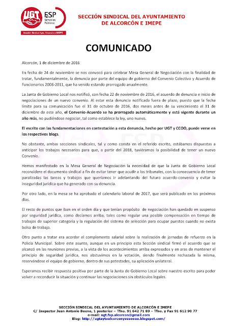 Secci N Sindical Ugt Ayto Alcorc N E Imepe Comunicado Mesa General De