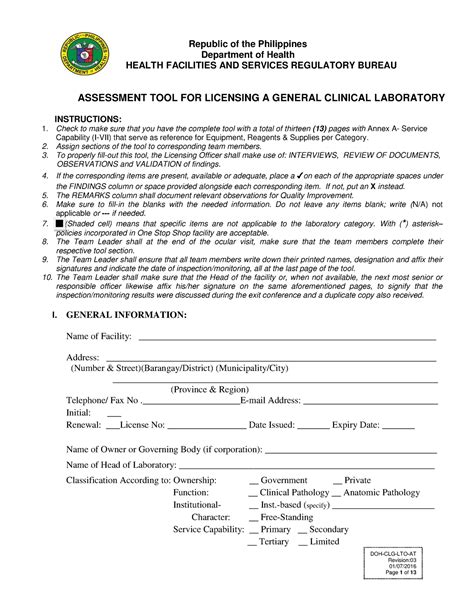 Assessment Tool For Licensing A General Clinical Laboratory Doh Clg