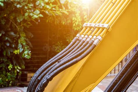 Hoses Of Hydraulic Machine Banner With Close Up View Of Hydraulic