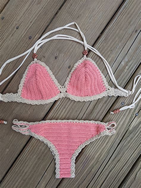 Pink Crochet Bikini Set Cotton Crochet Swimsuit Boho Crochet Bathing