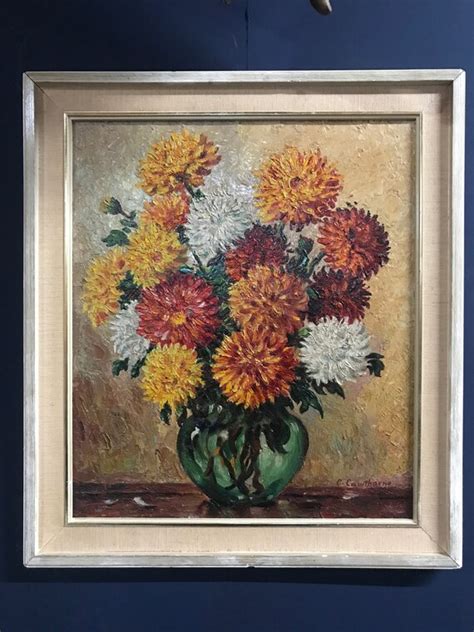 Vintage Oil Painting Still Life Of Chrysanthemums In A Vase By Etsy