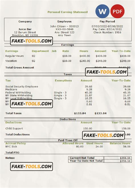 USA personal earning statement template in Word and PDF format | fake tools