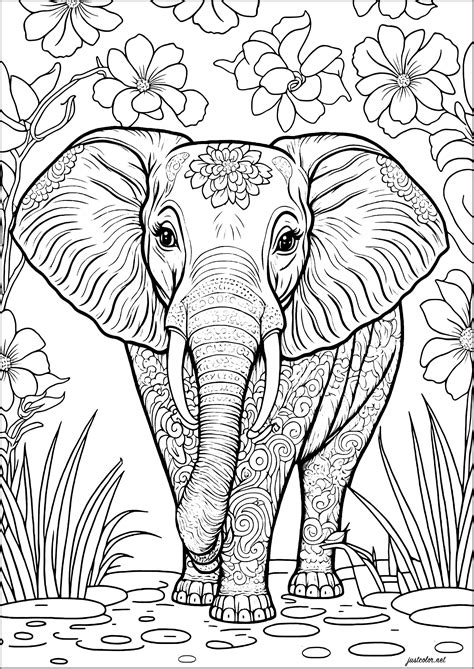 Elephant And Flowers Free Coloring Page In 2023 Elephant Coloring