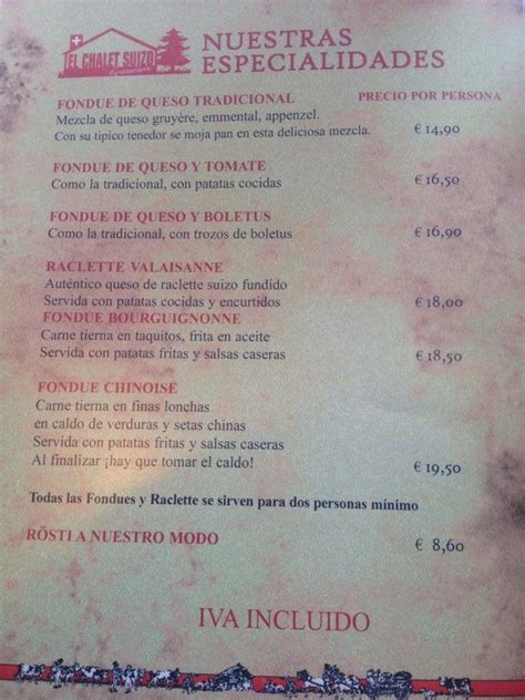 Carta De Restaurante El Chalet Suizo Alcobendas