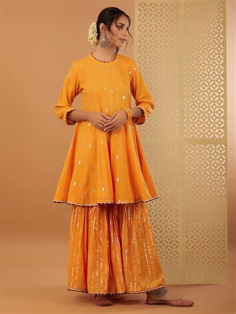 Buy Orange Gota Work Cotton Anarkali Kurta With Sharara And Maroon Hand