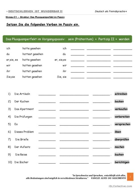 C Das Plusquamperfekt Im Passi Deutsch Daf Arbeitsbl Tter Pdf Doc