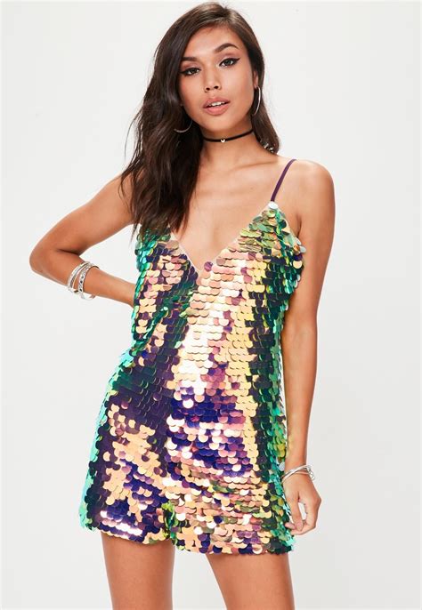 Missguided Purple Strappy Sequin Romper Sequin Playsuit Sparkly