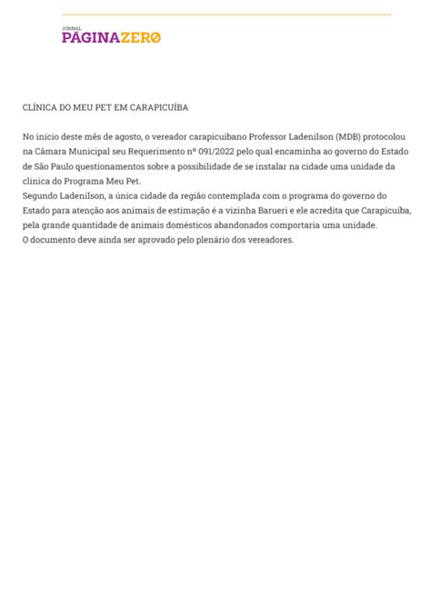 Jornal Página Zero CLÍNICA DO MEU PET EM CARAPICUÍBA Professor