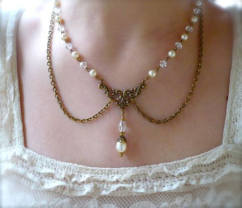 Victorian Pearl Necklace Earrings Jewelry SET Beaded Crystals