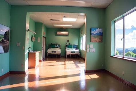 Premium Ai Image A Hospital Room With A Green Wall And A Window That