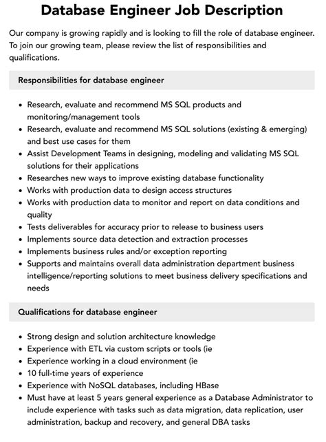 Database Engineer Job Description Velvet Jobs