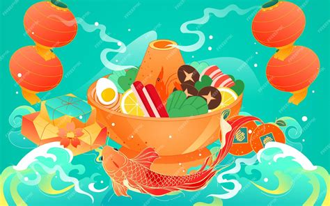 Premium Vector | Hot pot ingredients background poster celebrating ...