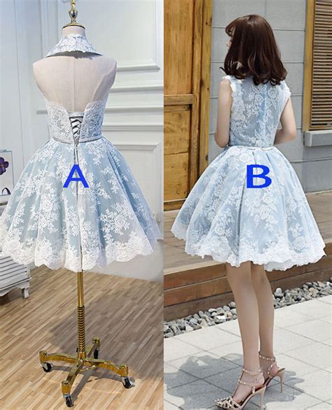 Light Sky Blue Halter Homecoming Dress With Lace Appliques Cute Short