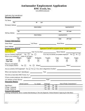 Fillable Online Ambassador Employment Application Rmc Events Fax