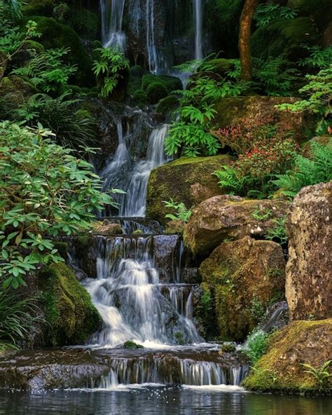 Una Cascada En El Bosque Con Un Fondo Verde Foto Premium