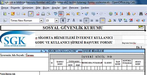 sgk ssk e bildirge başvuru formları ek1 şifre talep ek2 teslim tutanağı