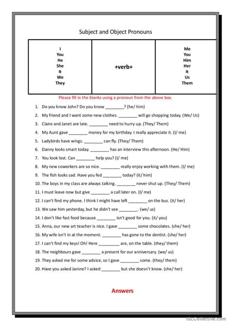 subject object pronouns general gra english esl worksheets
