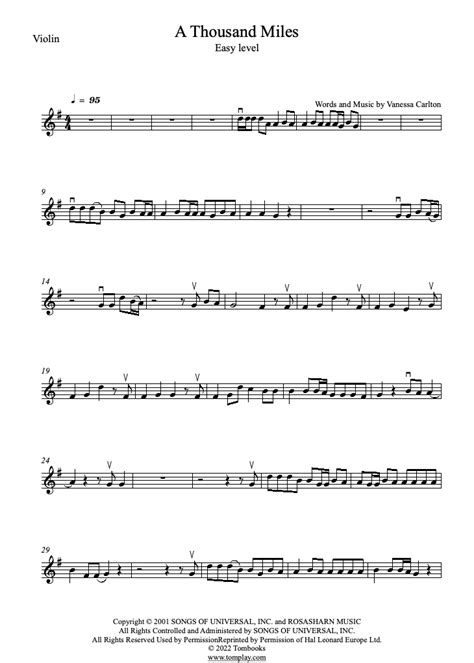 A Thousand Miles Easy Level Vanessa Carlton Violin Sheet Music